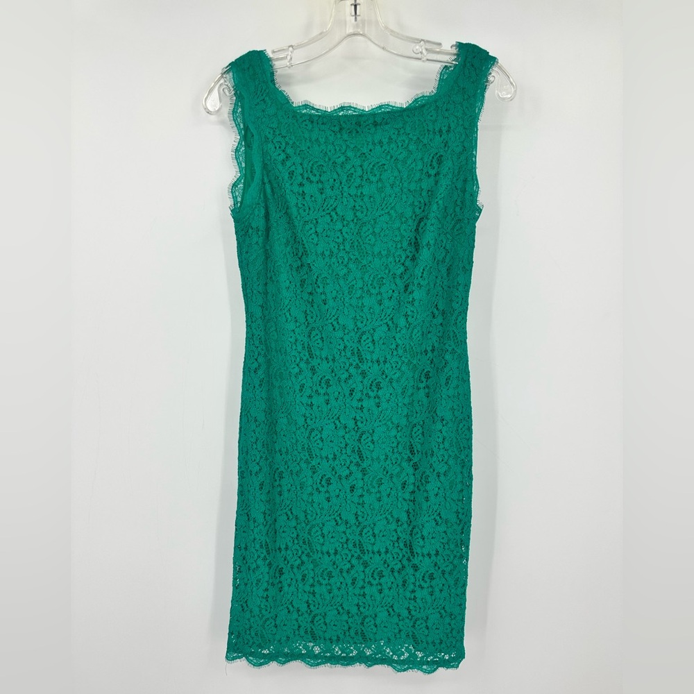 Adrianna Papell Emerald Green Boatneck Lace Sheath Dress Womens 8 | AB551 - Picture 3 of 9